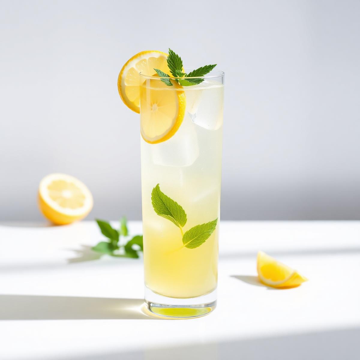 Tall glass of fresh AY! LIMÓN lemonade with lemon slices and mint